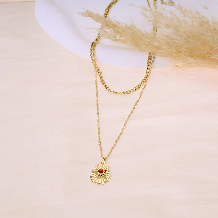 Collier double chaîne avec pendentif et pierre colorée - 42 roses
