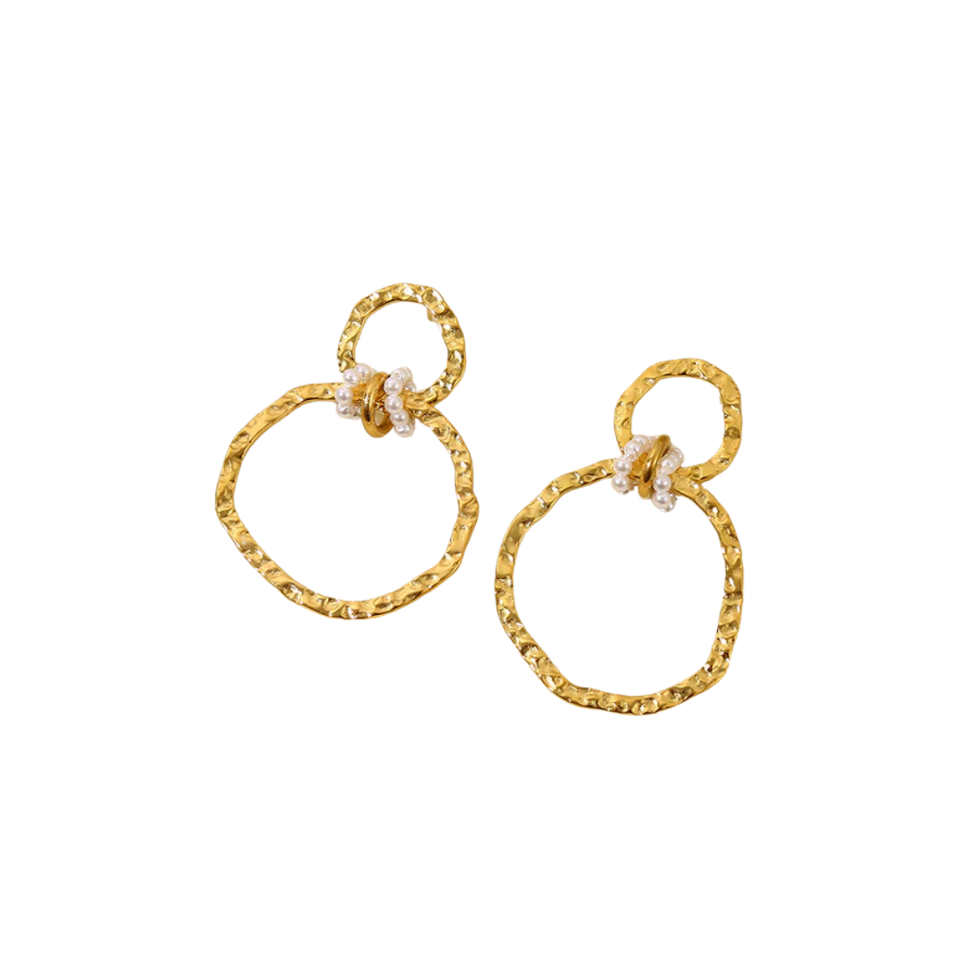Boucles d'oreilles Dorées deux Cercles Liés Martelés - 42 roses