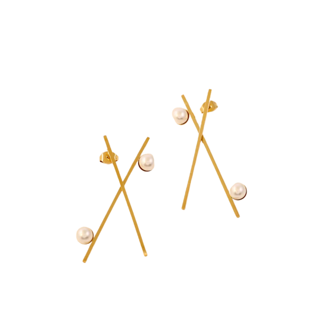 Boucles d'oreilles dorées lignes croisées avec perles - 42 roses