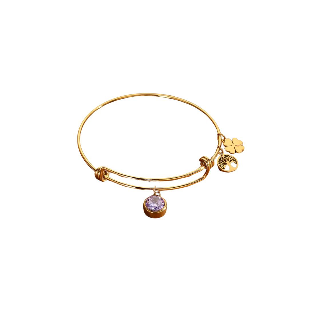 Bracelet Doré Jonc Ajustable Avec Pendentifs Trèfle Arbre Et Strass Violet - 42 roses
