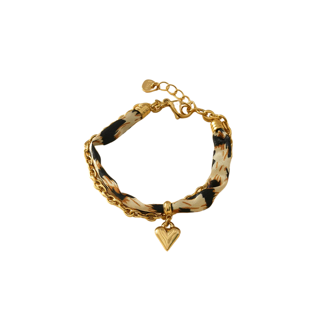 Bracelet Tissu Léopard et Chaîne Dorée Avec Pendentif Coeur - 42 roses