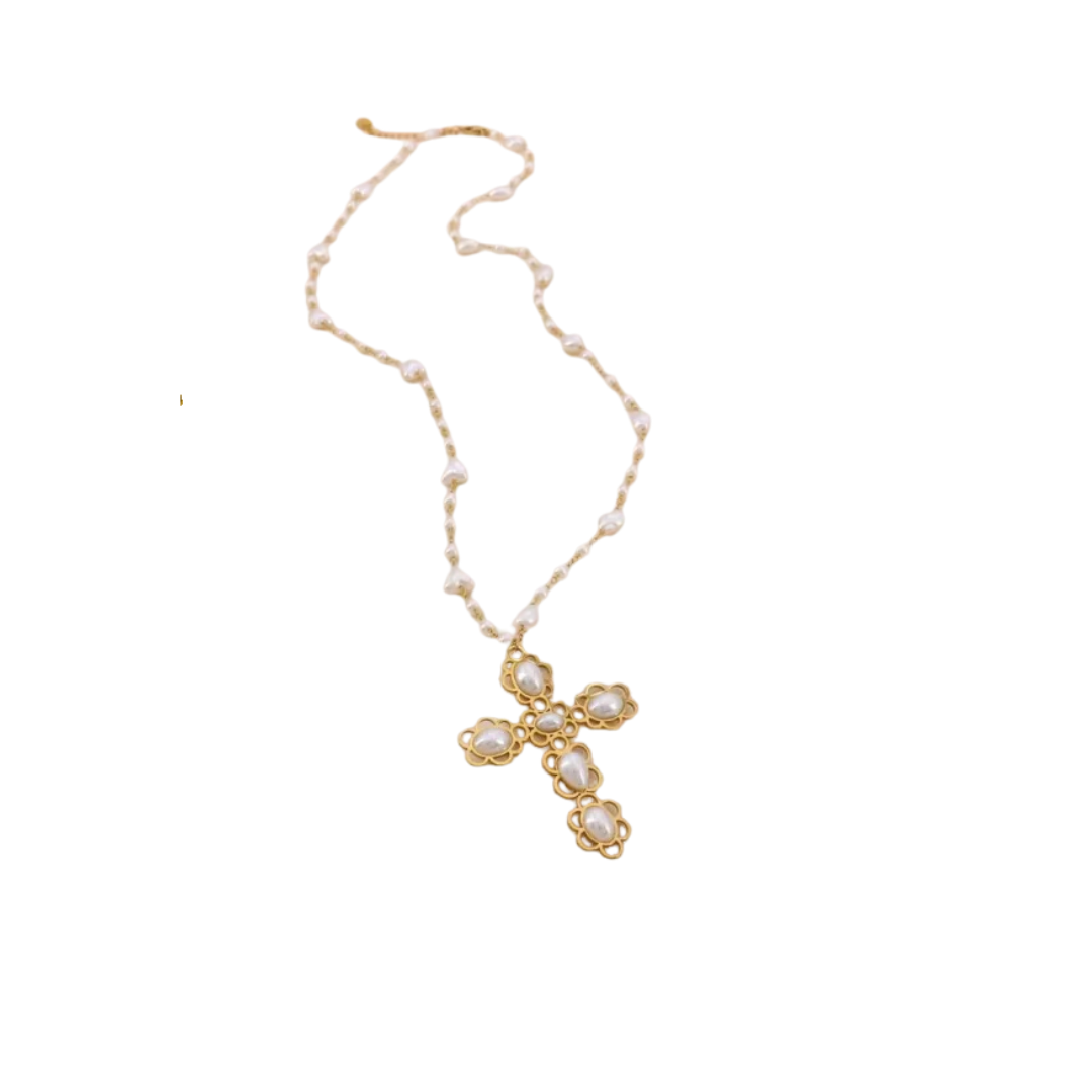 Sautoir baroque croix coeur perle acrylique - 42 roses