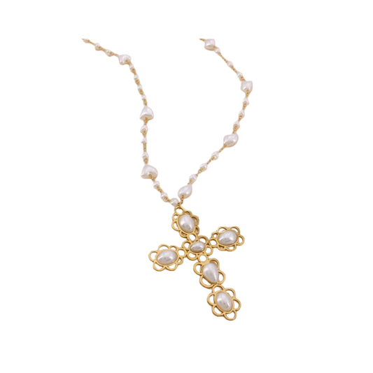 Sautoir baroque croix coeur perle acrylique - 42 roses