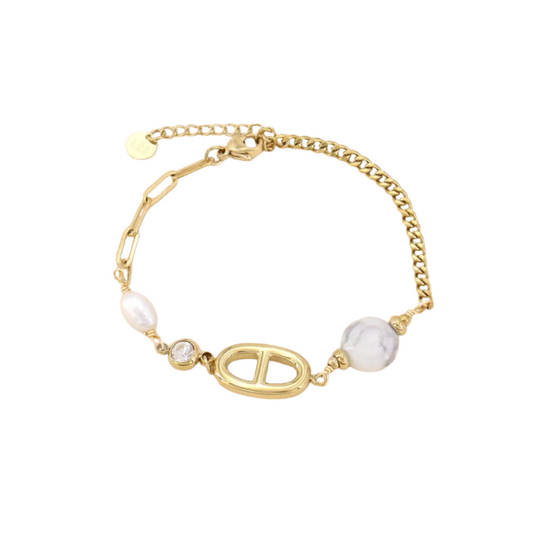 Bracelet maille pierre naturelles et perle eau douce - 42 roses