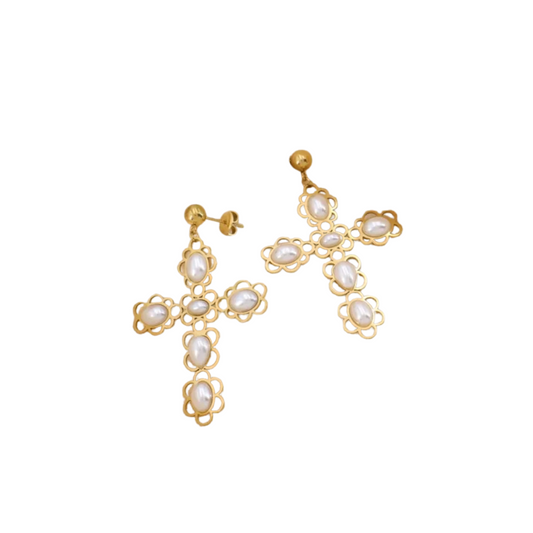 Boucles d'oreilles baroque croix perle acrylique - 42 roses
